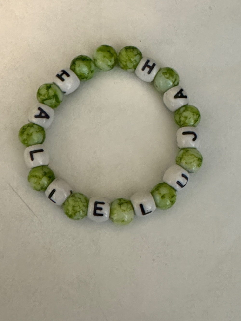 Beaded Name Bracelet in Green and White inspirational hallelujah word